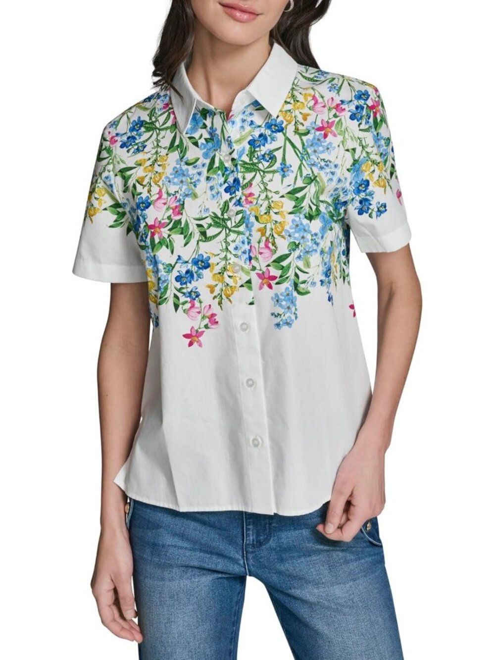 Floral Short Sleeve Button Down Shirt with Collared Neck for Women